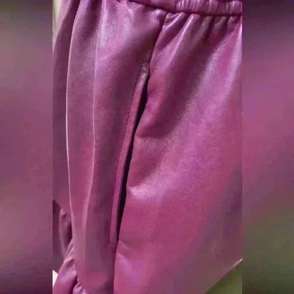 Women's Faux Leather Puff-Sleeve Dress — Bordeaux - Picture 11 of 13